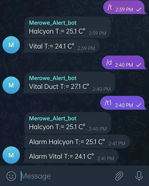 Telegram alert channel with live temperature readings and alarms
