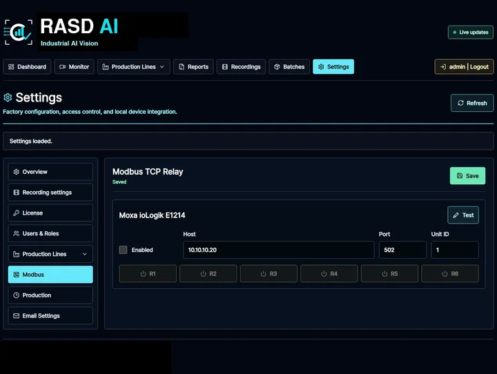 إعدادات اتصال Modbus والتحكم بالمرحلات